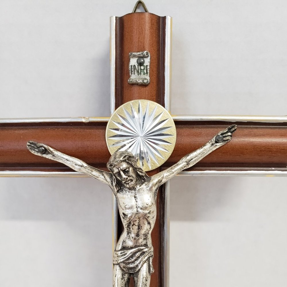 Wood Crucifix ,Silver Resin Corpus Wall Cross 8" - Picture 2 of 5